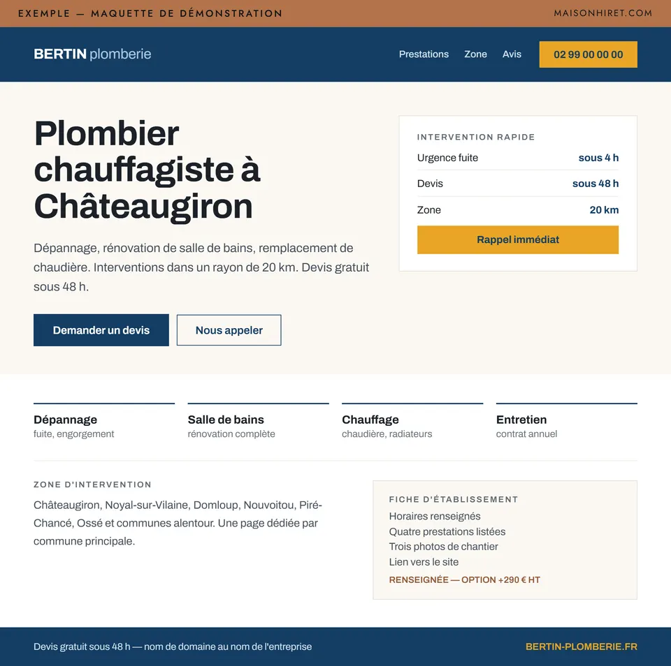 Maquette de démonstration du site de Bertin Plomberie&nbsp;: le titre «&nbsp;Plombier chauffagiste à Châteaugiron&nbsp;», un encadré d’intervention rapide avec ses délais, quatre prestations, la zone d’intervention et la fiche d’établissement.