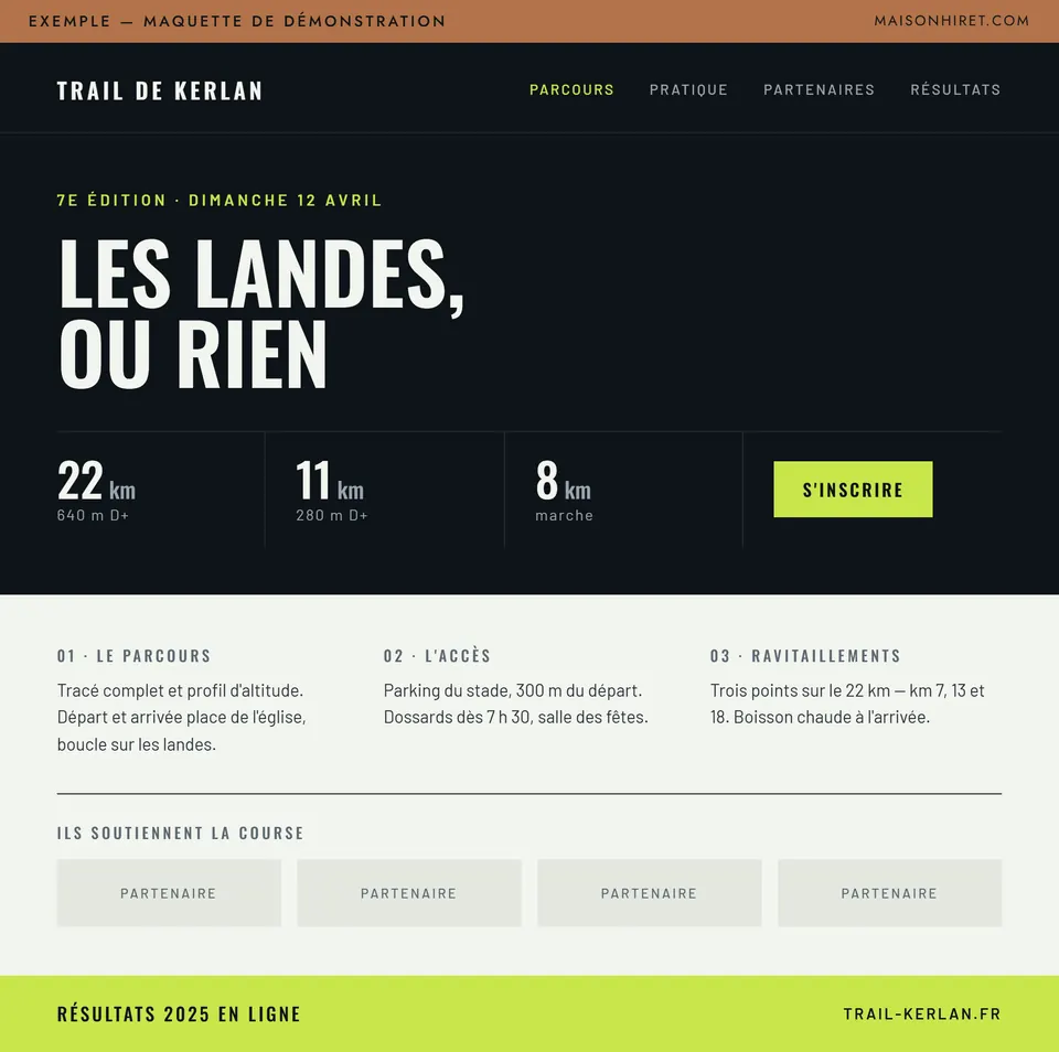 Maquette de démonstration du site du Trail de Kerlan&nbsp;: le titre «&nbsp;Les landes, ou rien&nbsp;», les courses de 22 et 11&nbsp;km avec leur dénivelé, la marche de 8&nbsp;km, un bouton «&nbsp;S’inscrire&nbsp;», puis le parcours, l’accès, les ravitaillements et quatre emplacements partenaires.